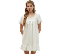 Nanxson Camisón de Algodón para Mujer Camisón Princesa Victoriana de Encaje con Volantes y Lazo(S,Corto-Blanco)