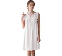 Nanxson Camisón De Algodón para Mujer Vestido De Dormir Sin Mangas Camisón De Encaje con Cuello En V Camisones Tallas Grandes(L,Blanco)