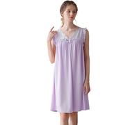Nanxson Camisón De Algodón para Mujer Vestido De Dormir Sin Mangas Camisón De Encaje con Cuello En V Camisones Tallas Grandes(L,Púrpura)