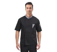 Nanxson Chaqueta de cocinero para hombre de manga corta/manga larga, corte ajustado, uniforme de cocina con botones de presi贸n CFM0089, Manga Corta Negro, M