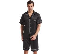 Nanxson Hombre Pijamas De Raso para Clásico Camisón con Botones 2 Piezas Camisa De Manga Corta Y Pantalones Cortos Conjunto De Ropa De Dormir(M,Negro)