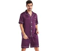 Nanxson Hombre Pijamas De Raso para Clásico Camisón con Botones 2 Piezas Camisa De Manga Corta Y Pantalones Cortos Conjunto De Ropa De Dormir(L,Púrpura Oscuro)