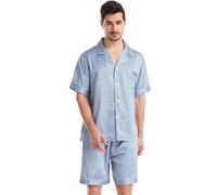 Nanxson Hombre Pijamas De Raso para Clásico Camisón con Botones 2 Piezas Camisa De Manga Corta Y Pantalones Cortos Conjunto De Ropa De Dormir(L,Azul Gris)