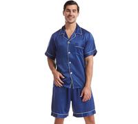 Nanxson Hombre Pijamas De Raso para Clásico Camisón con Botones 2 Piezas Camisa De Manga Corta Y Pantalones Cortos Conjunto De Ropa De Dormir(S,Azul Oscuro)