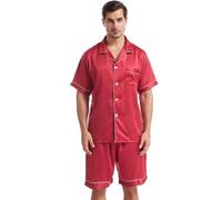 Nanxson Hombre Pijamas De Raso para Clásico Camisón con Botones 2 Piezas Camisa De Manga Corta Y Pantalones Cortos Conjunto De Ropa De Dormir(L,Rojo Oscuro)