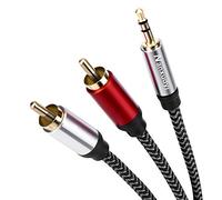 Nanxudyj Cable de audio de 3,5 mm a 2 RCA de 0,3 m, trenzado de nailon, cable de audio AUX a 2 RCA para receptor estéreo, altavoz, smartphone, tablet, HDTV, reproductor de MP3 y más, cable estéreo