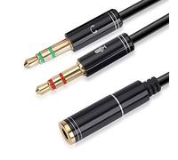 NANYI 3,5 mm 4 pines hembra a 2 x 3,5 mm 3 pines macho convertidor de auriculares divisor de audio y cable adaptador -30 cm -negro/1 paquete