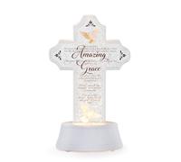 Napco Amazing Grace - Figura de cruz iluminada, linterna de agua con purpurina LED con versículo de paloma e himno, acento conmemorativo de 6.5 x 11 pulgadas para el hogar o exhibición junto a la