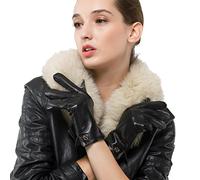 Nappaglo Las mujeres de piel de cordero de cuero Guantes invierno caliente simple largo forro polar guantes touchscreen (XL (Palm:20.3-21.6cm), negro (pantalla táctil)