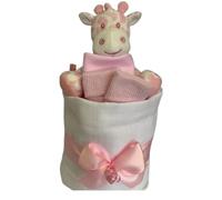 Nappy Cake Pink Baby Gift - Pañales cuadrados de muselina, 9 pañales de primera calidad, calcetines baberos y jirafa suave de felpa