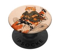 Naranja Gato Samurai Koi Peces Japonés Arte Ilustración PopSockets PopGrip Adhesivo
