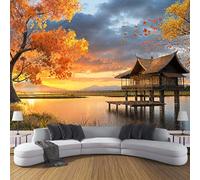 Naranja Papel Pintado Seda Fotográfico 300x210cm, Mural De Pared Panorámico Cabaña Junto Al Río Al Atardecer, Paisaje Natural De Otoño Póster Grande Para Salón Decor Del Hogar Y Pared