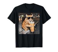 Naranja Tabby Gato Bebiendo Café Helado Divertido Animal Meme Camiseta