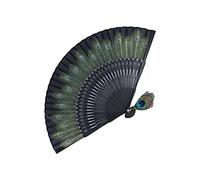 Naroote Abanicos españoles, abanicos grandes, abanicos verdes, abanicos plegables, huesos negros, hermoso patrón de pavo real, abanico de bambú antiguo para actuación, ropa, decoración, regalo