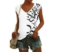 NARRAME Camiseta de Mujer con Mangas Casquillo y Cuello en V, Blusa de Verano para Mujer, Blusa Informal Ligera Floral Letra Blanca Small S 34-36