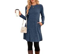 NARRAME Vestidos Tipo Jersey para Mujer, Invierno, Manga Larga, Botones causales, Vestido de suéter Lateral con Bolsillos, XXL, Liso Azul Oscuro