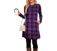 NARRAME Vestidos Tipo Jersey para Mujer Vestidos Laterales con Botones causales de Manga Larga de Invierno para Mujer Elegantes con Bolsillos Pequeños Cuadros morados y Negros