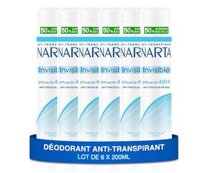 NARTA - Desodorante para mujer - Spray antitranspirante invisible 48 horas de eficacia contra manchas blancas sin alcohol - 6 x 200 ml