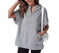 NARUPE Sudadera de manga corta con media cremallera para mujer, sudadera de verano, ropa de primavera, casual, ligera, con bolsillos, gris, XL