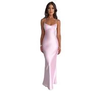 NARUPE Vestido largo para mujer, sin mangas, espalda abierta, espalda descubierta, con cordones, vendaje entrecruzado, sirena, vestido de fiesta de satén, rosa, S