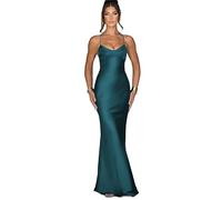 NARUPE Vestido largo para mujer, sin mangas, espalda abierta, espalda descubierta, con cordones, vendaje entrecruzado, sirena, vestido de fiesta de satén, verde, S