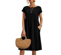 NARUPE Vestidos para mujer 2024, casual, de verano, cuello redondo, de algodón, con bolsillos, manga corta, holgado, por debajo de la rodilla, vestido camisero, Negro, M