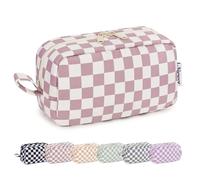 Narwey Bolsa de Cosméticos Neceser de Maquillaje de Viajar Ligero Bolsa de Aseo con Cremallera Mujer Hombre (Dusty Rose Checkerboard)