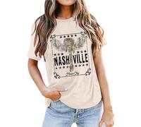 Nashville - Camiseta de manga corta para mujer, estilo occidental, camiseta de manga corta, holgada, ligera, corte regular, tiempo libre, verano, manga corta, O beige., S