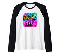 Nashville Retro Vibrante Skyline Music City Design Camiseta Manga Raglan