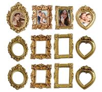 NASSMOSSE 12 marcos dorados pequeños, mini marcos de fotos barrocos antiguos de resina, ideales para fotos, fiestas, bodas y decoración navideña.