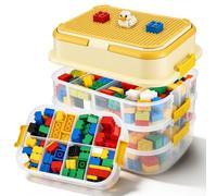 Nastopee Caja Organizadora de 4 Niveles para Piezas de Lego con Tapa, 33x25x26 cm, Contenedor Transparente para Bloques de Construcción y Puzzles, con Asa y Bandeja Extraíble (5L, Amarillo)