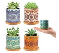 Nasxkji 4 macetas suculentas de cerámica de 7,3 cm con posavasos de bambú, diseño de mandala, cactus, para decoración de interiores, mini plantas y plantas de semillero