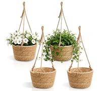 Nasxkji Juego de 4 cestas colgantes de algas marinas naturales, 20 cm, cesta colgante para plantas con cuerda de yute y lámina interior impermeable para interior, balcón, decoración bohemia
