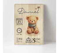 Natalicio de madera para bebés personalizado Oso con nombre, regalo para recién niños nacidos personalizado con datos de bebé nombre fecha peso nacimiento pino tamaño 20x30 (Oso)