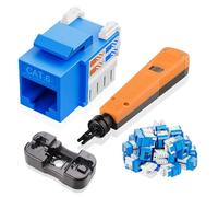 NataLink Paquete de 25 conectores Keystone Cat 6 RJ45 de 10 Gbps, conectores Keystone Cat6, conector modular Ethernet en azul con herramienta de perforación y soporte de perforación para panel de
