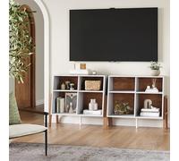 Nathan James Telos - Mueble de TV de 4 cubos con estante abierto con diseño en ángulo, marrón/blanco brillante, juego de 2