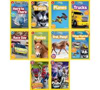National Geographic Kids 10 Book Set Level 1 & Pre-Reader: Here to There, Trains, Planes, Trucks, Race Day, Ponies, Trot Pony!, Things That Go! Collection, Spider-Man Bugs Out!, Storm Disaster Alert!