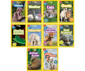 National Geographic Kids 10 Book Set Levels 1: Animal All-Stars, Animal Doctors, Animal Armor, Real Dragons!, Farm Animals, Follow Me!, Sigueme!, Glowing Animals, Goats, Favorite Animals Collection