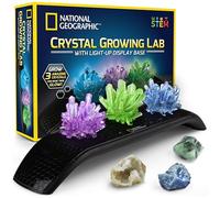 NATIONAL GEOGRAPHIC Kit de Cultivo de Cristal - 3 Cristales de Colores Vibrantes para Crecer con Soporte de Exhibición Iluminado, Incluye 3 Muestras de Piedras Preciosas Reales Incluyendo una Geoda