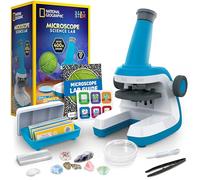 NATIONAL GEOGRAPHIC Microscopio para niños, Kit Stem con un microscopio Infantil fácil de Usar, Zoom de hasta 400x, Diapositivas en Blanco y preparadas, especímenes de Roca y minerales, Juego de 37