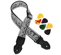 National Styles Guitar Strap with 6 Picks Adjustable Soft Embroidery Shoulder Leather Ends Straps Enduring Leather Ends Straps Shoulder