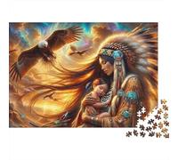 Native American Mother 1000 Piezas Rompecabezas Ocio Adultos Madre Nativa con Bebé y Águila Dorada Voladora Premium Resistente Desafiante Alivio Estrés 52x38cm/1000pcs