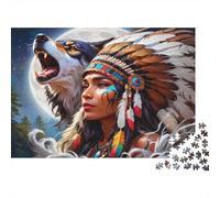 Native American Woman 1000 Piezas Rompecabezas para Adultos Doncella y Lobo bajo Resplandor de Luna Llena Brillante Premium Resistente Vibrante Desafiante Alivio Estrés 52x38cm/1000pcs