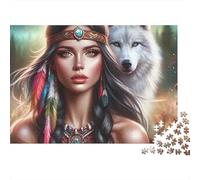 Native Woman Wolf 1000 Piezas Rompecabezas Regalo Cumpleaños Adultos Doncella se para Suavemente Junto a Fiel Guardián Lobo Blanco Premium Resistente Vibrante Desafiante Alivio Estrés 52x38cm/1000pcs