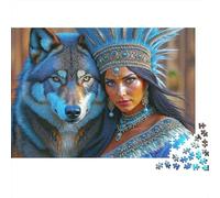 Native Woman Wolf 1000 Piezas Rompecabezas Relajación Adultos Dama Tribal Junto a Noble Lobo Espiritual Premium Resistente Desafiante Alivio Estrés 38x26cm/1000pcs