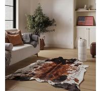 NativeSkins Alfombra de piel de vaca sintética de 4 pies 7 pulgadas x 6 pies 7 pulgadas, alfombra de área con estampado de vaca marrón para sala de estar y dormitorio, no se desprende, se coloca plana