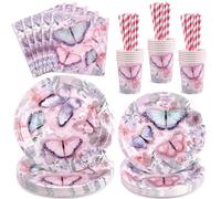 NatNarr Juego de vajilla de fiesta de mariposa, 100 unidades, diseño de mariposas, platos de papel, servilletas, pajitas, vasos para cumpleaños de niñas, baby shower, 20 invitados