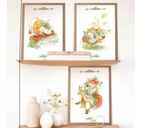 NATNAT Arts Láminas Animales del Bosque A4 - Set de 3 Ilustraciones en Acuarela Estilo Cuento Clásico en Papel Texturizado - Decoración de Pared para Habitación, Estudio o Cuarto Infantil Marco