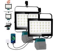 NATPOW Lámpara LED de trabajo Compatible con Makita Batería 18V, 100W 6500LM Luz de Trabajo Portátil Recargables con 2 Puertos USB para Obras, Garaje, Reparación de Coches, 2 unidades (sin Batería)