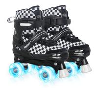 Nattork Patines ajustables para niños y adolescentes, ruedas iluminadas, patines de cuatro ruedas con diseño de tablero de ajedrez para niños y niñas, color negro, talla 5, 6, 7, 8
